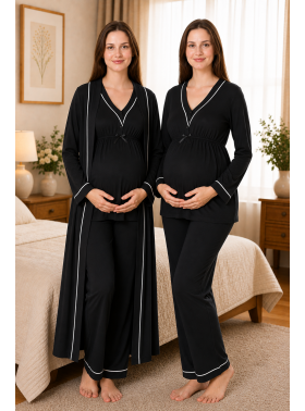 Effortt 4054 Siyah Biye Detaylı Sabahlıklı Lohusa Pijama Takımı